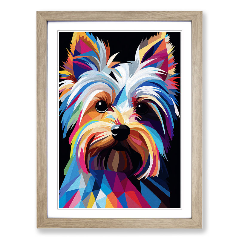XYZ-FRM-V1223-1716 Yorkshire Terrier Constructivism No.2 1 Piece Single Picture Frame Wall Art, 46cm H x 34cm W x 2cm D, Oak