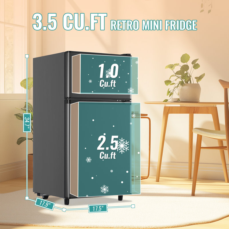 WANAI 3.5 Cu.Ft Mini Fridge with Freezer, Compact Refrigerator for Office, Dorm, Apartment, 7-Level Adjustable Thermostat, 2 Removable Shelves and Bakset, Small Fridge