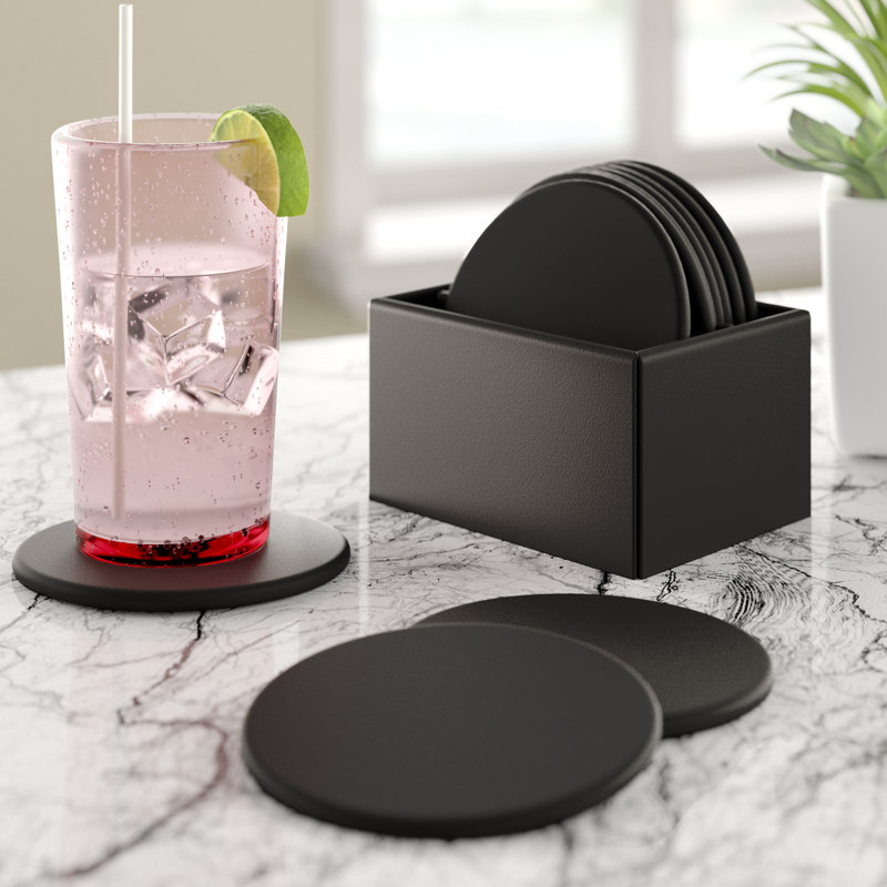Leather Round 10 Piece Coaster Set, Black