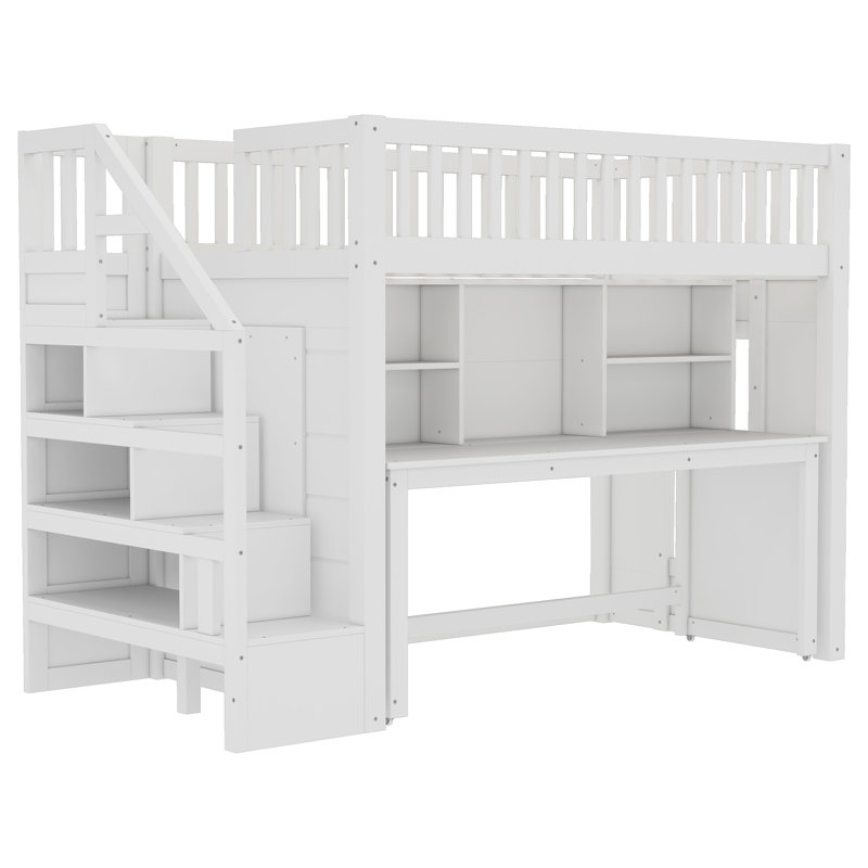 Lit mezzanine avec bureau mobile intégré, Simple, Blanc