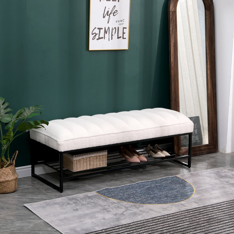 Banc rembourré polyvalent en sherpa avec tablette en métal, idéal pour la chambre à coucher, le salon et le vestibule