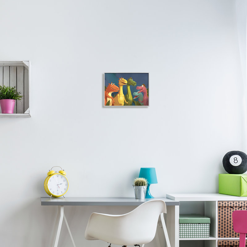 «Happy Dinosaur Friends on Wood» par Wumples, H 11 po x l 14 po x P 1,5 po, Estampe numérique Farmhouse