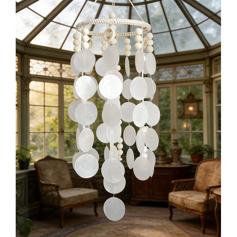 Carillon Boho Seashell Wind - corde en coton Macramé, coquilles polies, anneau de bois, son côtier, décor intérieur / extérieur, cadeau boho pour les amoureux de la plage