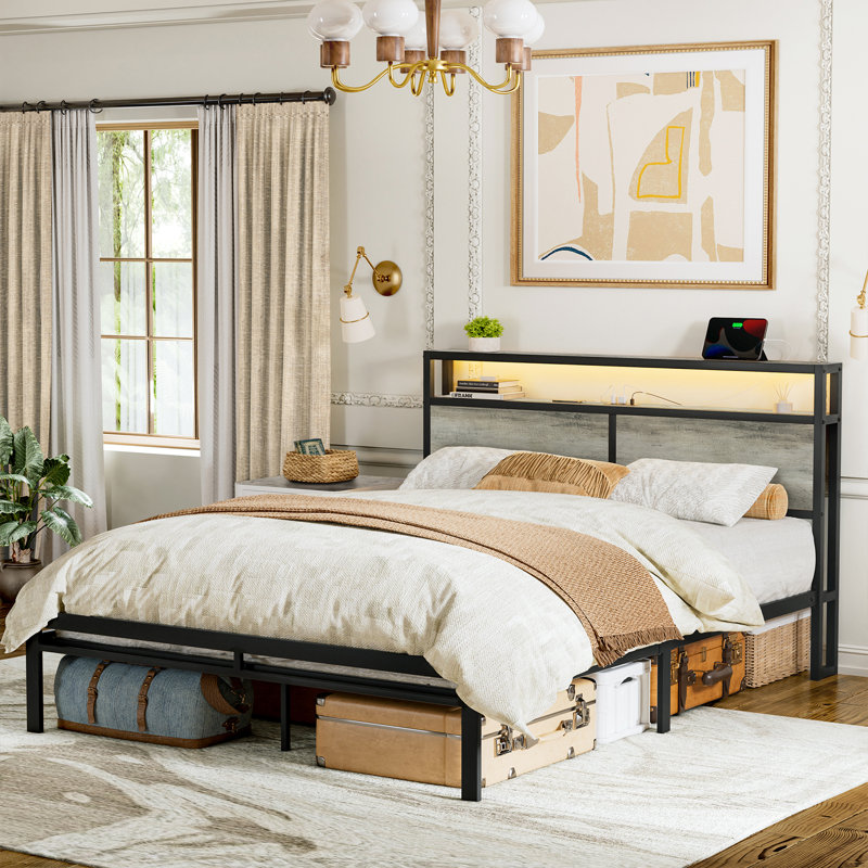 Antioch Bed with LED Light and Charging Station, Storage Headboard, No Box Spring Needed, Full, Grey