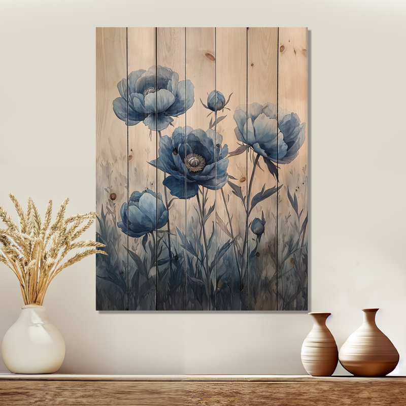 Dusky Blue Peonies In The Pasture I - Peonies Wood Wall Art - On Natural Pine Wood, 40" H x 30" W x 0.78" D