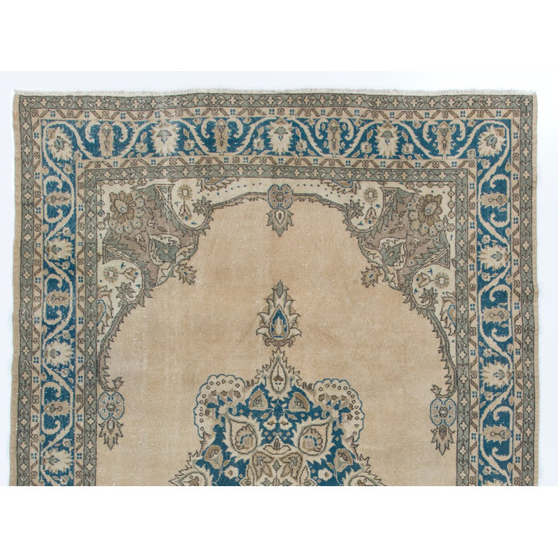 Tapis turc anatolien rétro fait à la main en beige et bleu