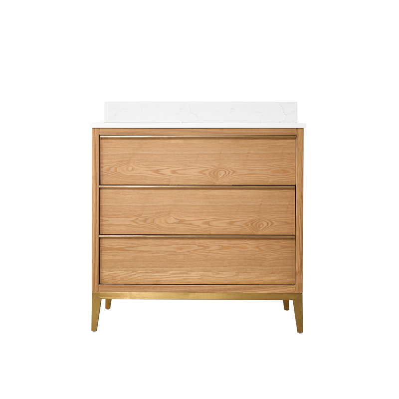 Meuble-lavabo en bois massif H 35 po x l 36 po avec comptoir en quartz blanc Carrera résistant aux taches et lavabo simple