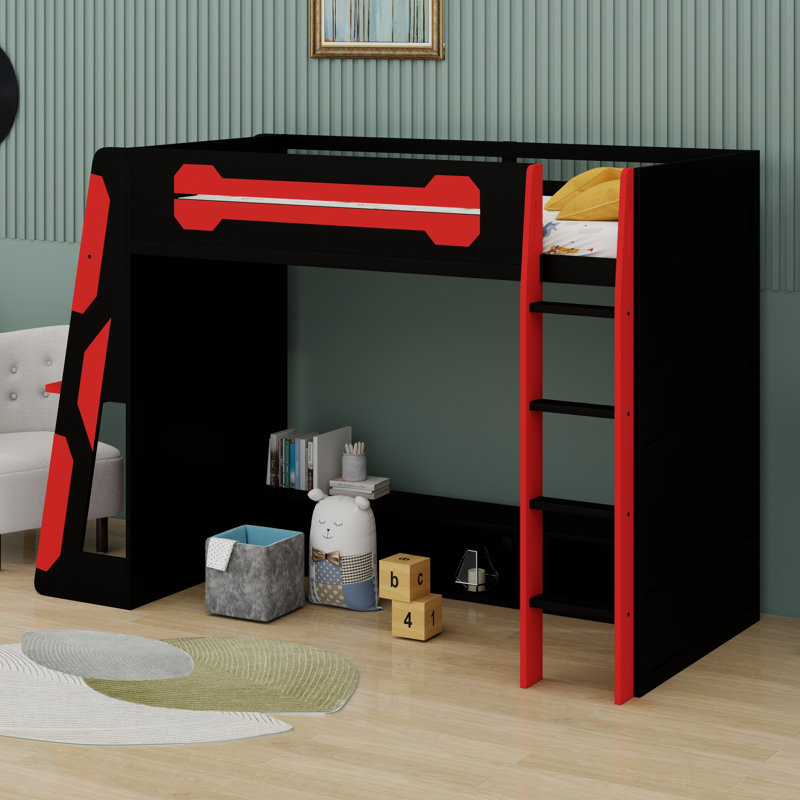 Loft Bed With Desk, Multi Storage Shelves, Red