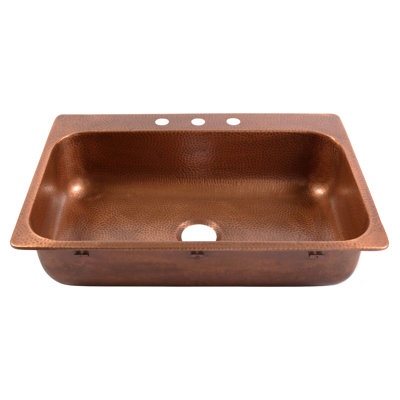Angelico 33" Antique Copper Hand-Hammered Drop-In Single Bowl Kitchen Sink with 3 Faucet Holes