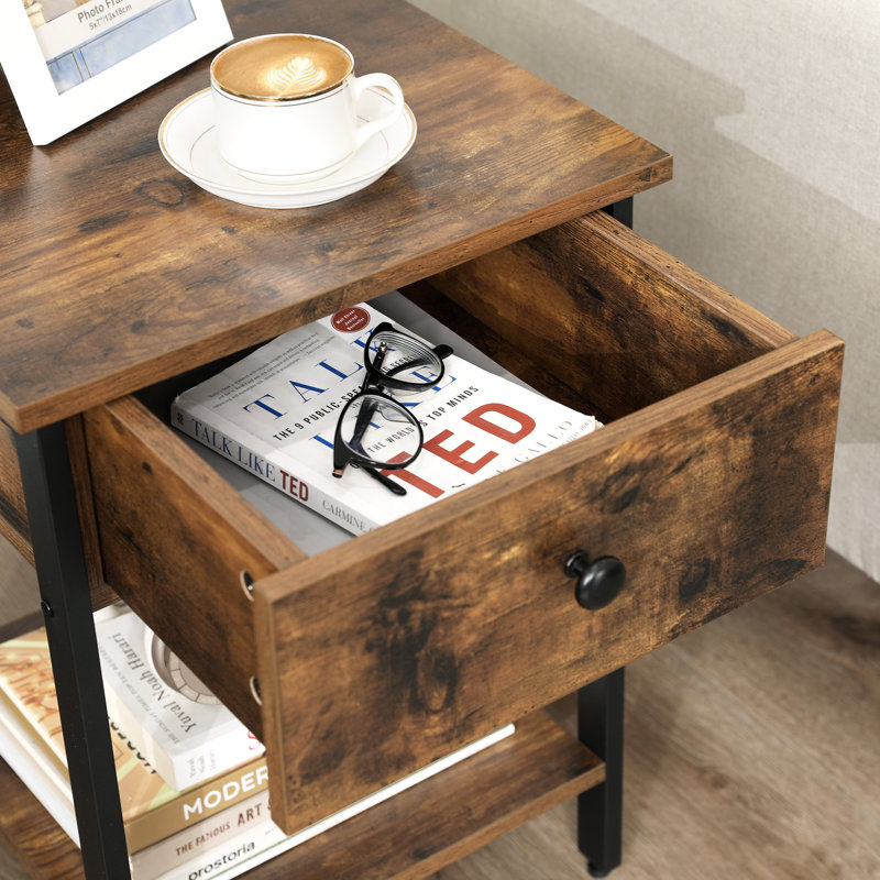 Nedra 40cm W Manufactured Wood Bedside Table, Rustic Brown/Black