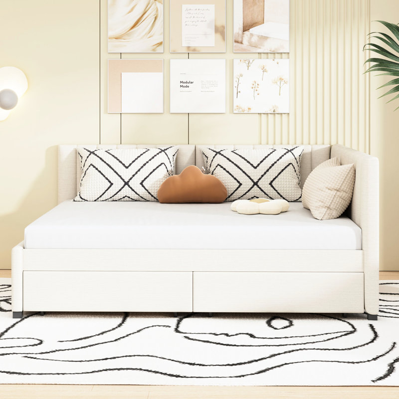 Lit de jour double avec tiroirs de rangement, tissu en lin beige, structure en bois massif, sans sommier pour le lin, détente