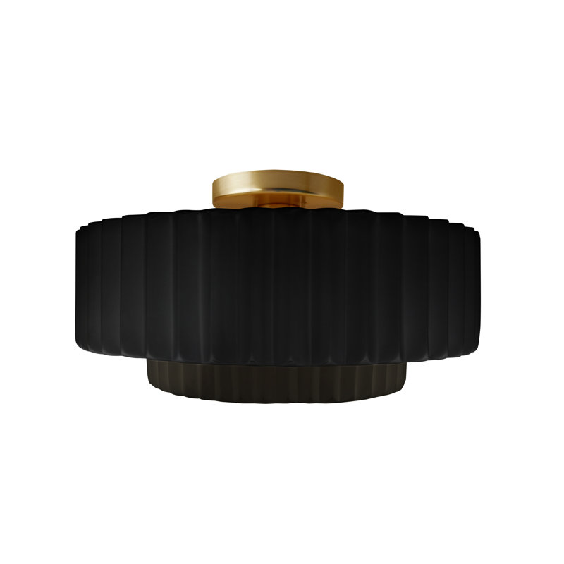 Radiance Ceramic Pleated Semi-Flush Mount, 7.25" H x 14.5" W x 14.5" D, Gloss Black/Matte White, Brushed Brass
