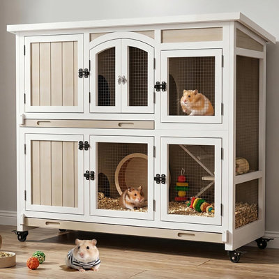 Wooden Two-Story Rabbit Hutch with Waterproof Roof, Wheels, and Pull-Out Trays for Small Animals