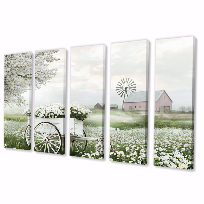 «White Flower Cart At The Barn I», ensemble d'art sur toile, H 32 po x l 80 po