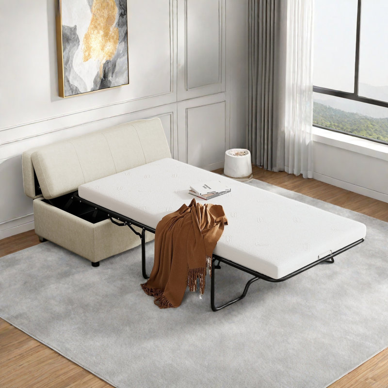 Folding Ottoman Sleeper Bed With Mattress Convertible Guest Bed, Solid Metal Frame, White