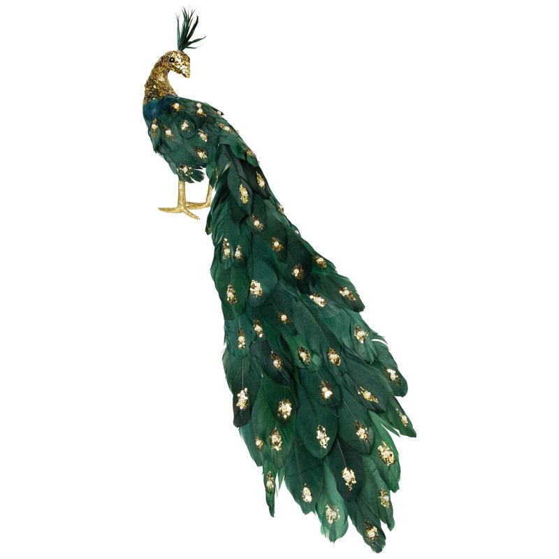 Glittered Peacock With Faux Pearls Christmas Decoration - 22" - Green