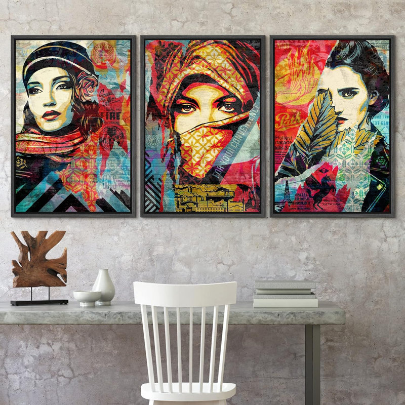 Peinture en aérosol, femmes du Moyen-Orient, graffiti et art urbain, art moderne coloré, portrait urbain, 3 pièces