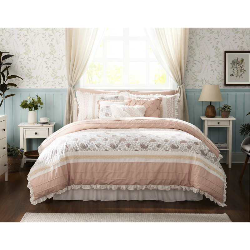 Édredon 9 pièces Blush King - Sophistiqué motif cachemire, bride, dentelle, 2 taies décoratives, 3 coussins décoratifs Euro, statique, pour lit en coton, motif, tissu teint