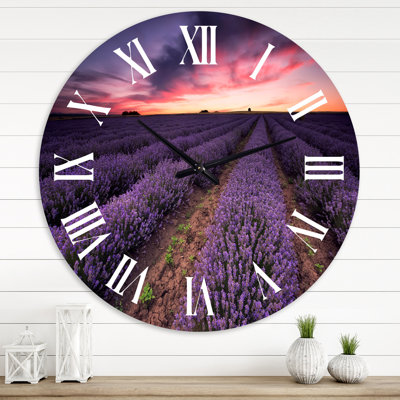 Sunrise & Dramatic Clouds Over Lavender Field IX - Farmhouse Wall Clock