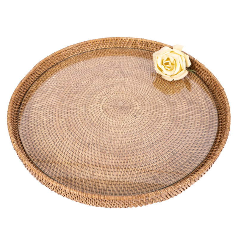 19" Round Serving-ottoman Tray With Glass Insert, Honey Brown, 19" W x 19" D x 1.5" H