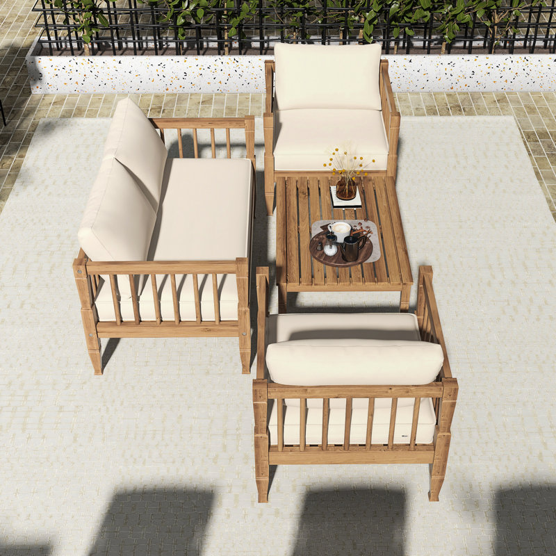 4-Piece Patio Outdoor Furniture Set  In Light Brown ｜ Coffee Table｜ Deep Seating Thick Cushion｜Patio Conversation Set Backyard Porch Balcony