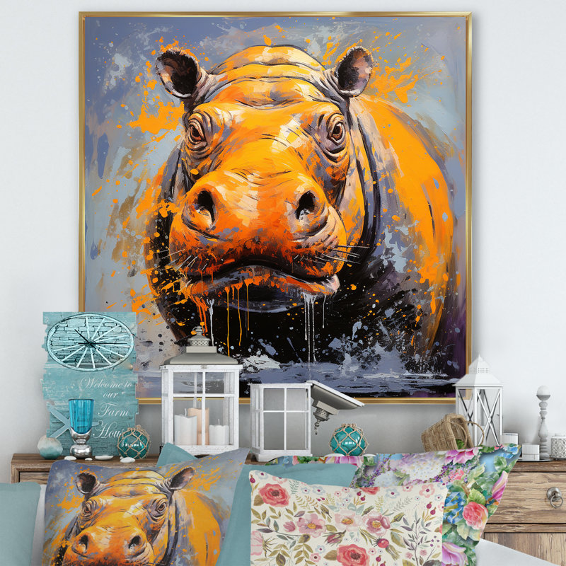 Art mural jaune hippopotame jaune - Hippopotame, H 16 po x l 16 po x P 1 po, Cadre flottant doré