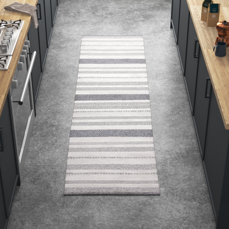 Tapis rayé ivoire / gris en coton tissé à plat à la main Adalia, Carré 7 pi