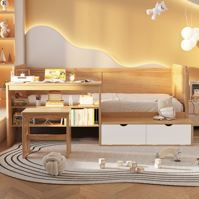 Twin Size Multi-functional Wooden Daybed with Storage Shelves and Lockers and Study Desk Set, including Matching Stool