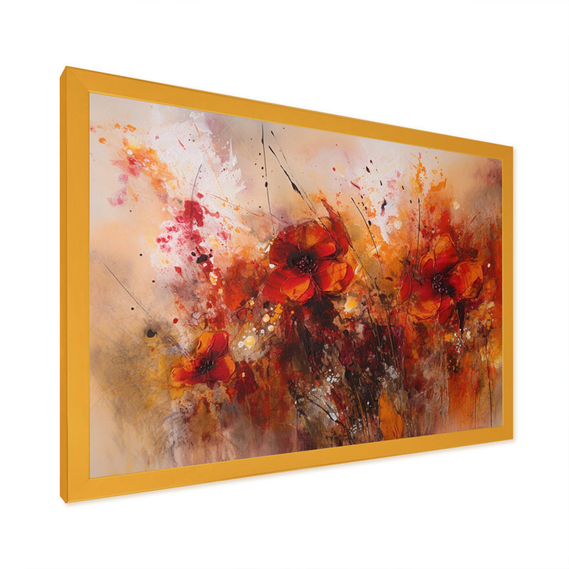Rouge rouge, coquelicot, floral, Euphoria, Encadrement doré, H 34 po x l 44 po