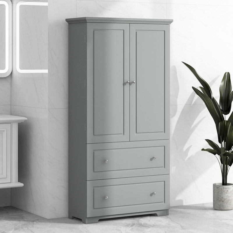 Large armoire de rangement pour salle de bain, armoire de rangement autoportante avec deux tiroirs et tablette réglable, panneau de fibres à densité moyenne avec finition peinte, gris, rangement pour salle de bain