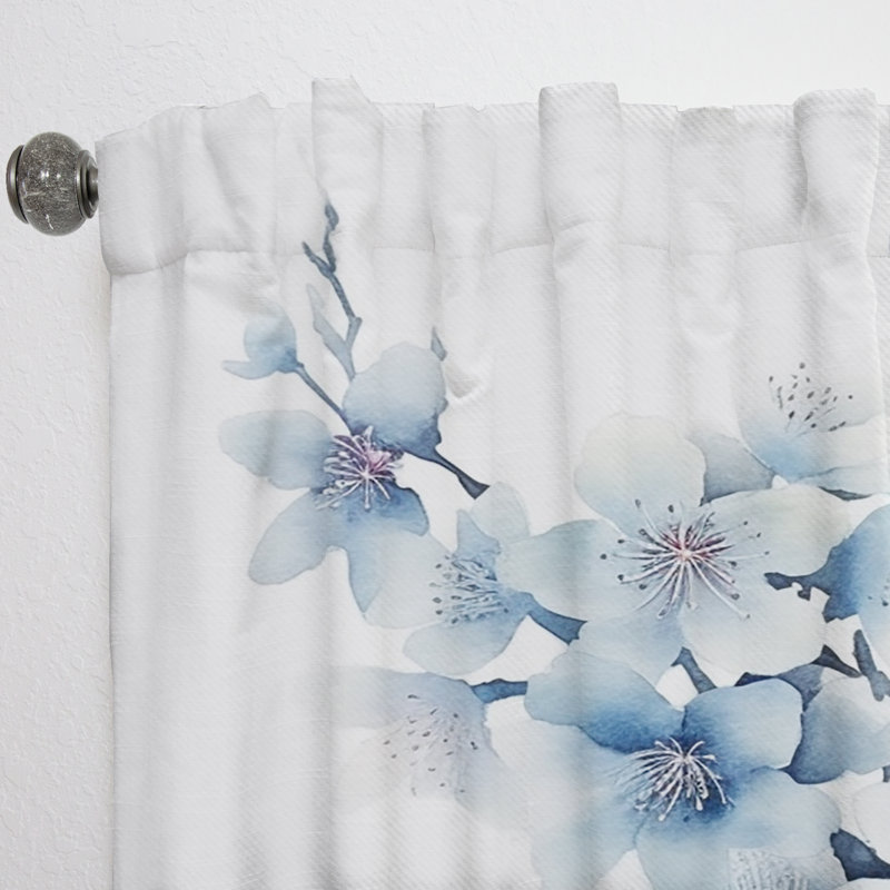 Habiki Blue and white Cherry Blossoms Sapphire - Traditional Velvet Curtain - Room Darkening - 1 panel, 52" W x 120" L