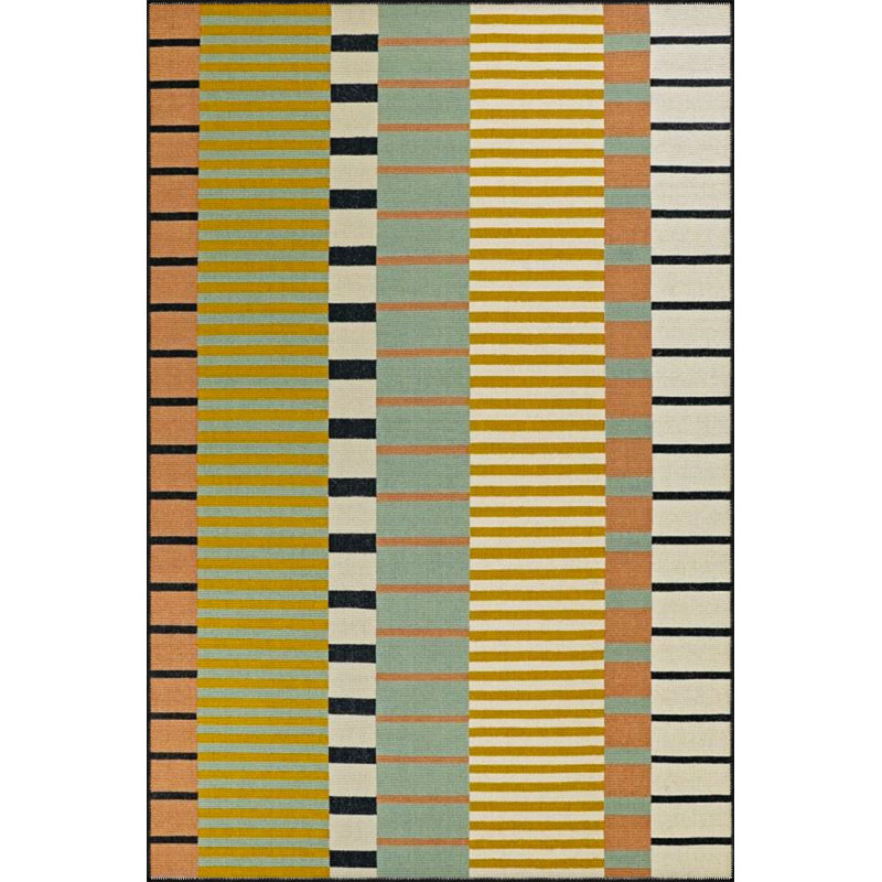 Yellow Geometric Black Striped Patterned Woven Base Washable Rug, Runner 3'3" x 9'10" Rug Pad Included