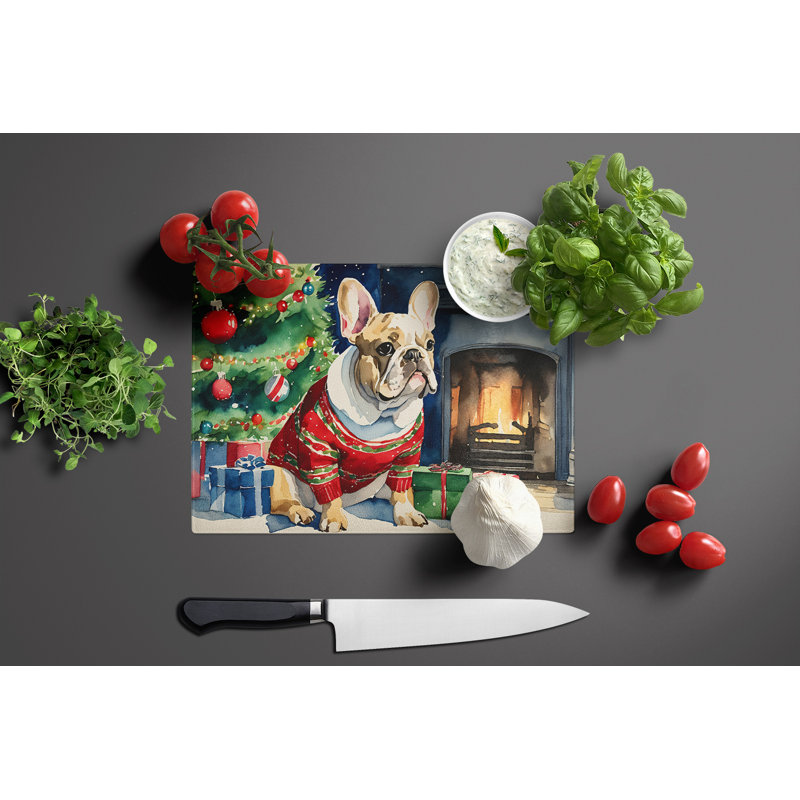 Grande planche à découper en verre French Bulldog Cozy Christmas