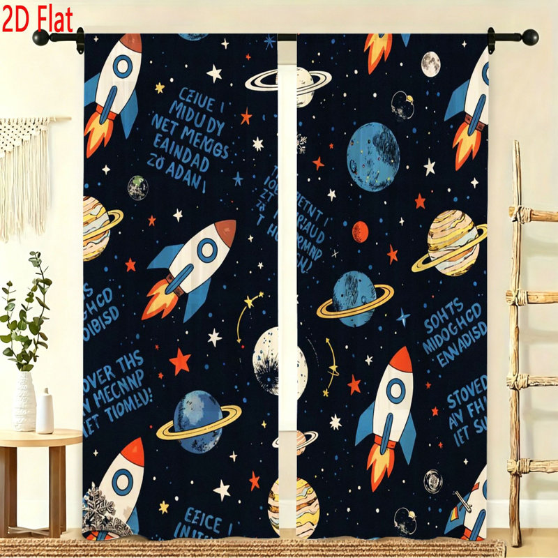 2 Pack Outer Space Theme Curtains For Kids Bedroom Planets And Rockets Pattern Window Drapes Soft Decorative Fabric Panels For Nursery Playroom Decor