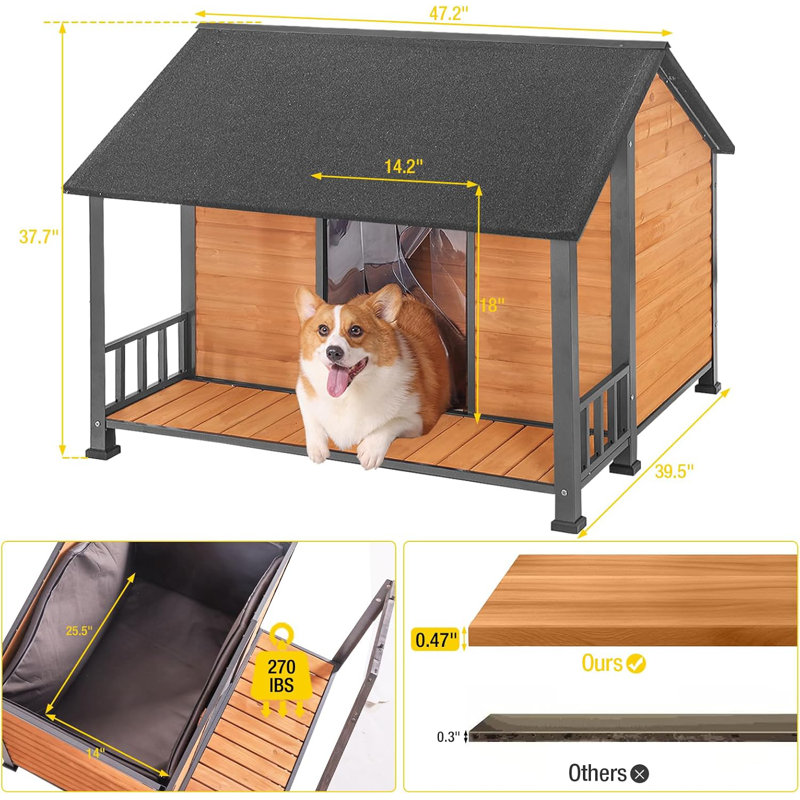 Large Insulated Wooden Dog House with Porch and Asphalt Roof