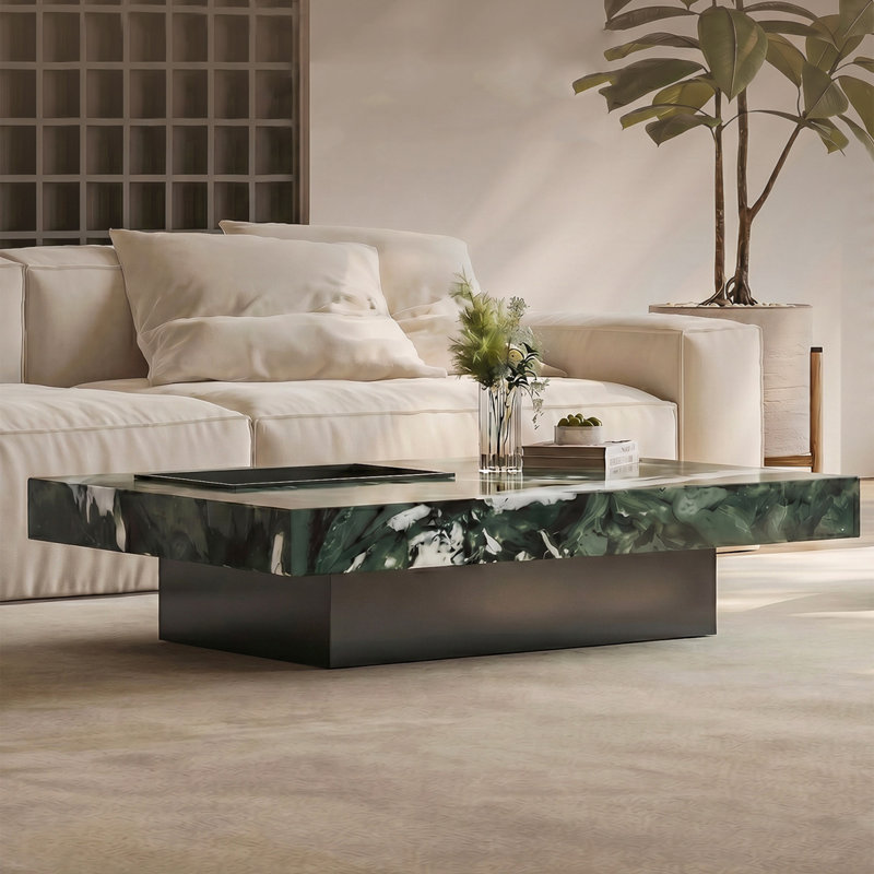 Luxury-lite rectangular marble coffee table, 11.8" H x 63" W x 35.4" D