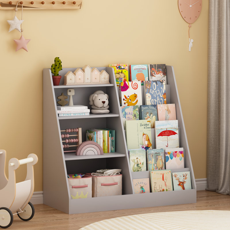 Bibliothèque pour enfants en bois à 4 niveaux avec bac de rangement pour jouets, tablette multifonctionnelle pour chambre de bébé, salle de jeux ou chambre à coucher, gris