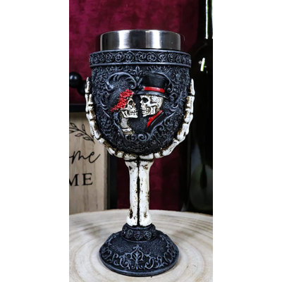 House of Hampton® - Jour des Morts gothique, «Love Never Dies», squelette, crâne, mariée, marié, outils, floral, rose, volutes, squelette, mains