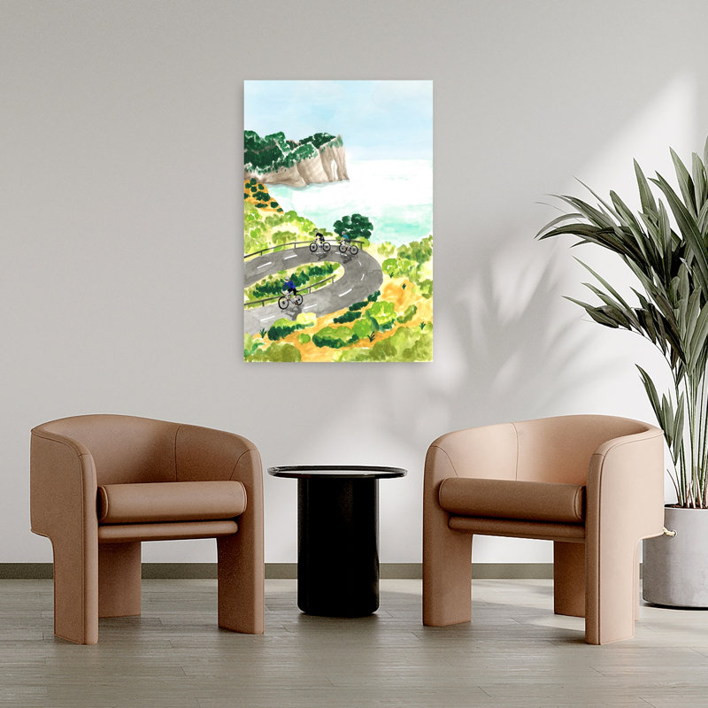 «Coastal Cycling Adventure», art contemporain de paysage côtier abstrait, H 36 po x l 24 po
