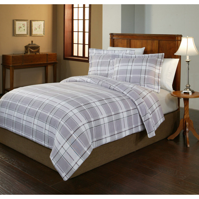 Gray and White Plaid Cotton Flannel Twin XL Duvet Cover Set