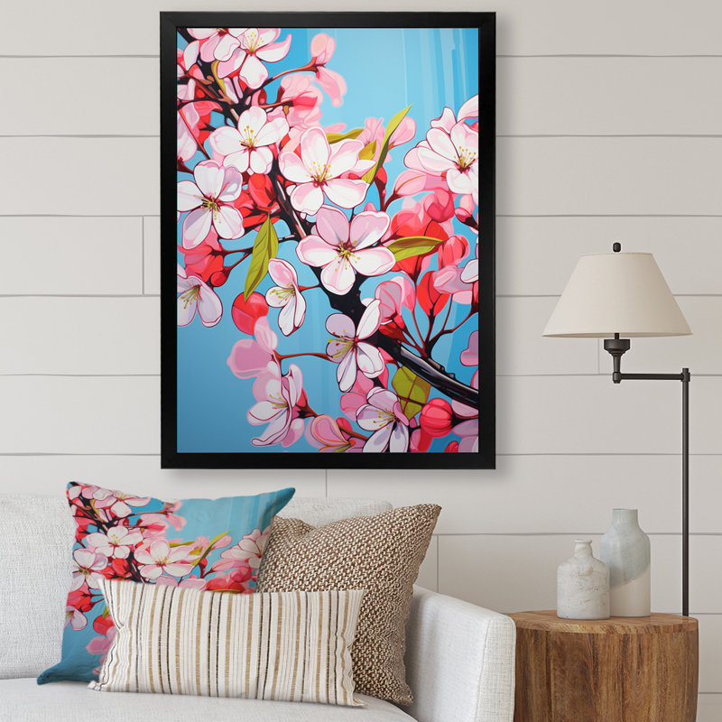 Collage de fleurs de pommier rose Itxasso I - reproduction sur toile, H 20 po x l 12 po, Cadre flottant blanc