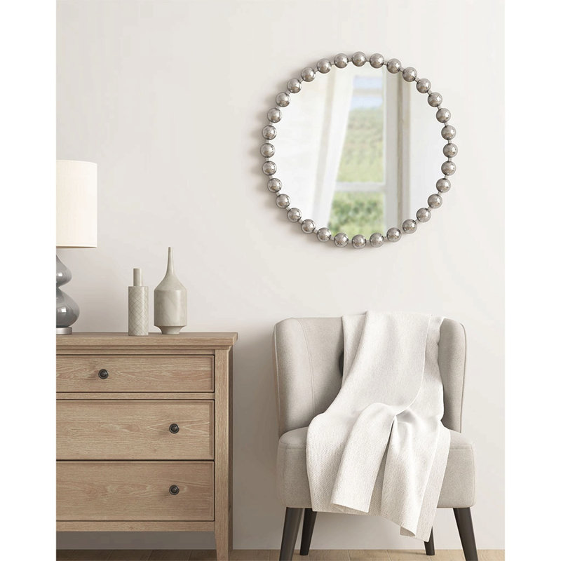 Beaded Round Wall Mirror 27"D, Silver