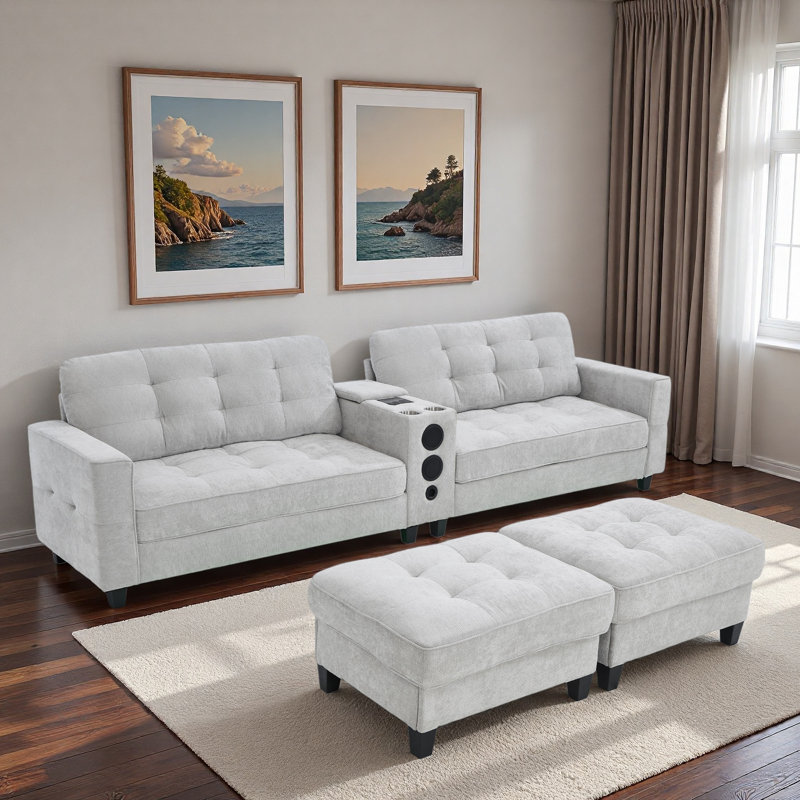Canapé modulaire moderne en forme de U avec repose-pieds de rangement mobile, console multifonctionnelle, haut-parleurs Bluetooth et lumières à DEL