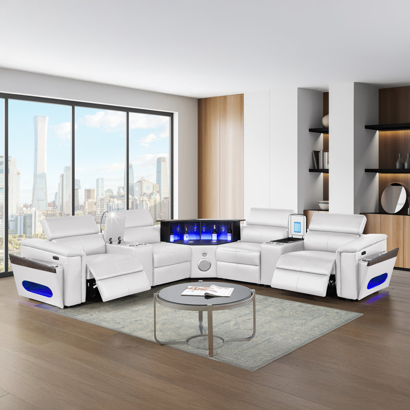 Smart Lounge Luxury Power Reclining Sectional Sofa with LED Reading Light Console and Built-In Fridge Console, USB & Wireless Charging