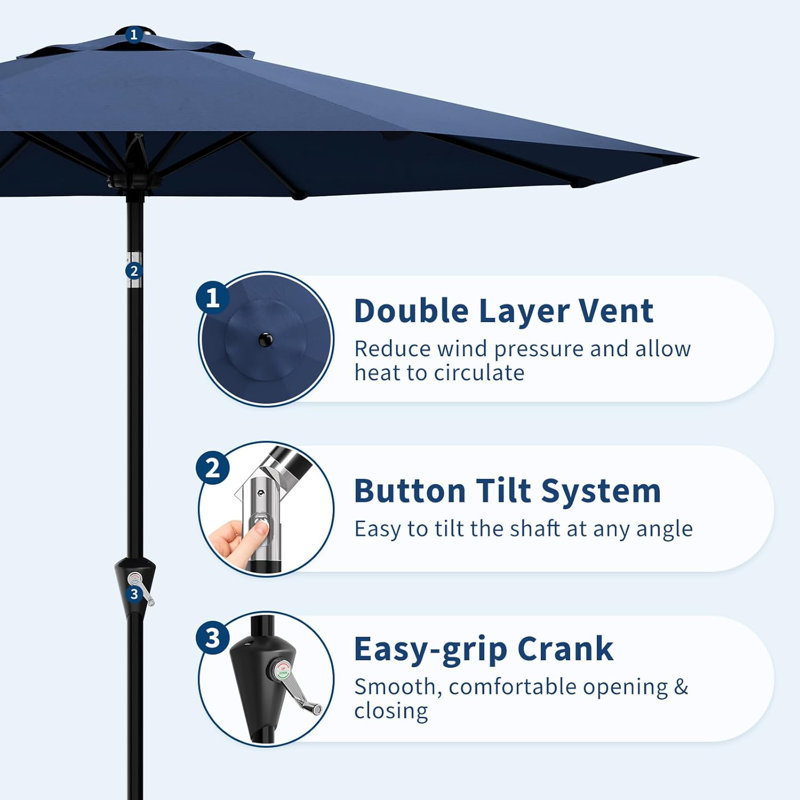 Parasol de patio 10 pi avec manivelle lisse, Marine, 118"W x 118"D