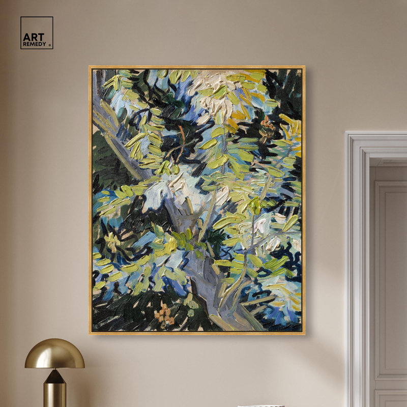 Toile «Blossoming Acacia Branches 1890» par Art Remedy, H 46 po x l 37 po, Cadre flottant, Doré