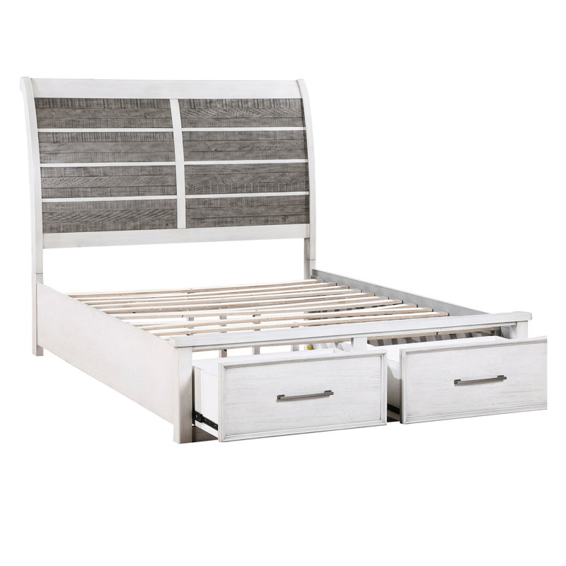 Grand lit avec rangement en plateforme 2 tons gris antique et blanc de style rustique classique