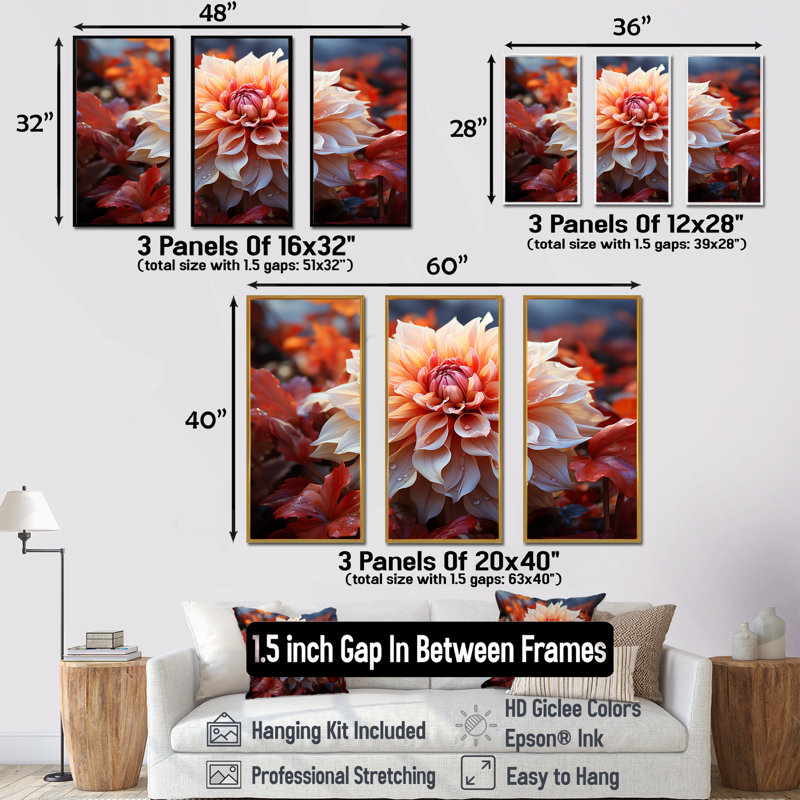Red Dahlias Delight - Dahlia, ensemble de reproductions d'art mural, Cadre flottant noir, H 40 po x l 60 po x P 1 po