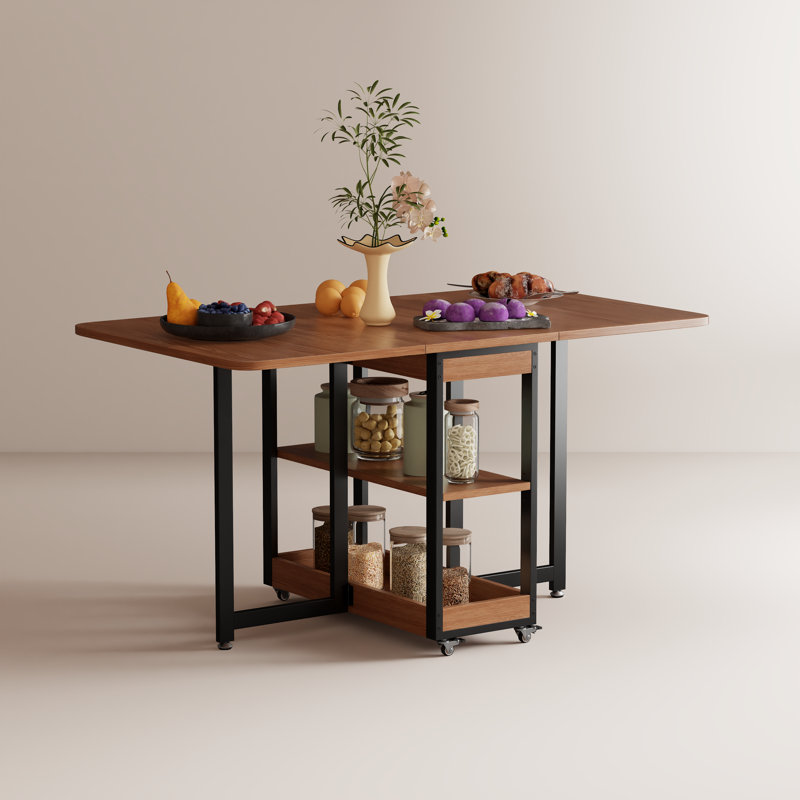 Foldable Dining Table with Storage Shelves, Space Saving Drop Leaf Table with Metal Frame for Kitchen and Small Spaces, Brown