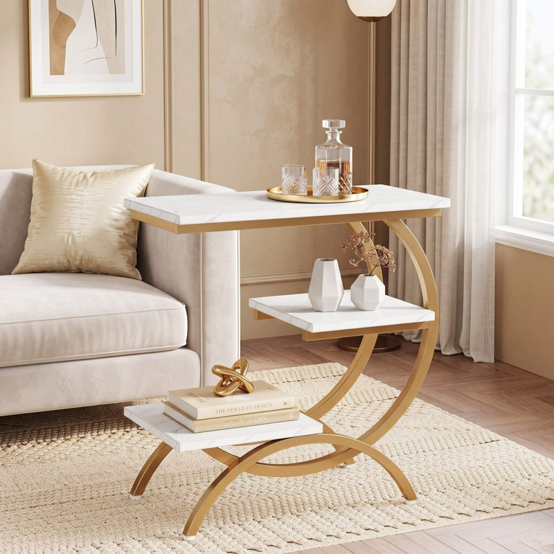 Table d'appoint industrielle à 3 niveaux en forme de C, table d'appoint étroite pour les petits espaces et le salon